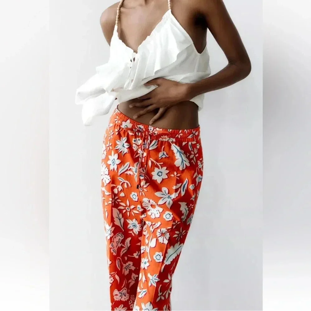 Zara Linen Blend Floral Printed Pants Trousers High Rise Wide Leg Size Small